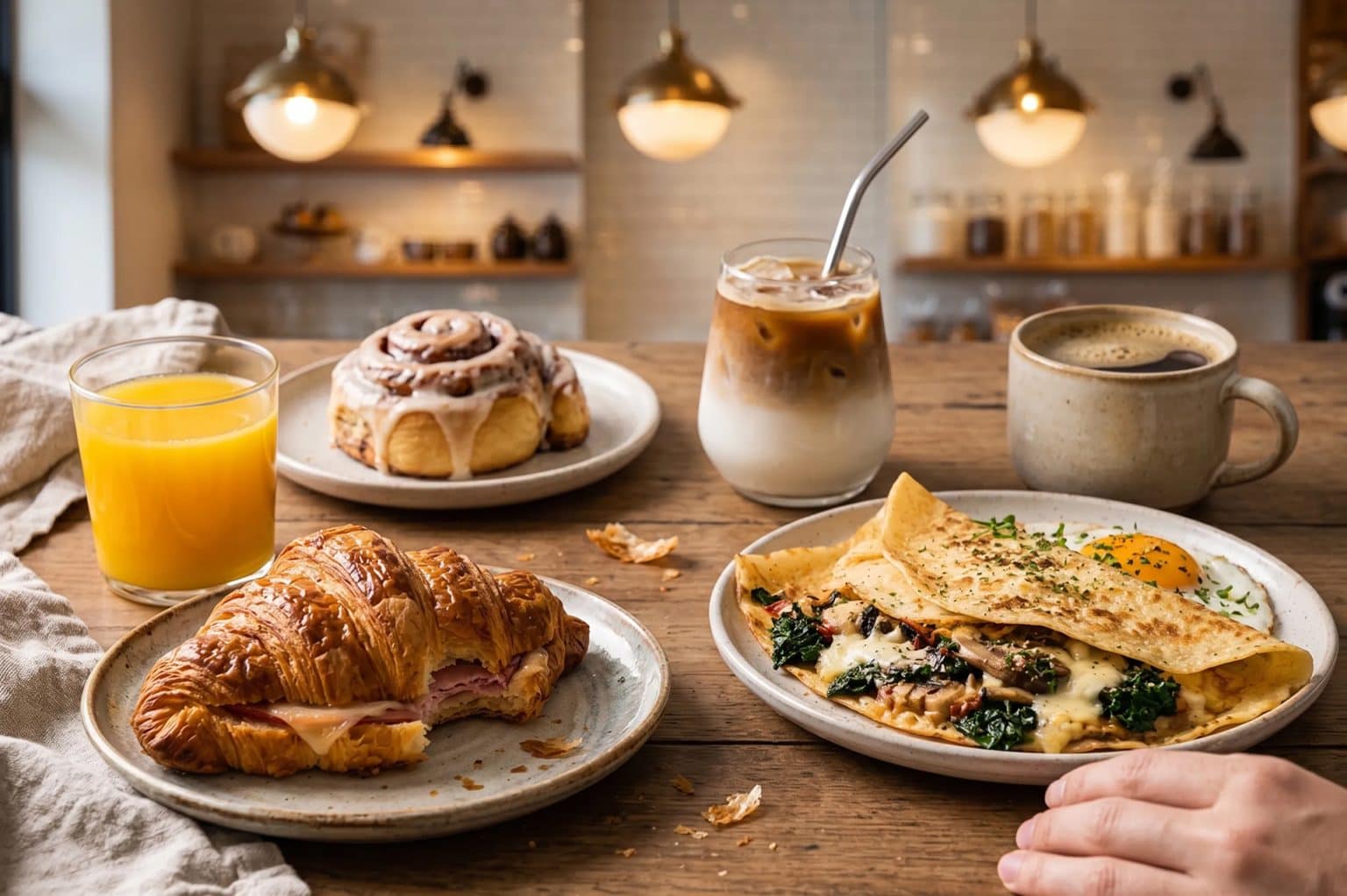 Assorted breakfast items including croissant, crepes, coffee, and juice at Smutz Girls Bakery.