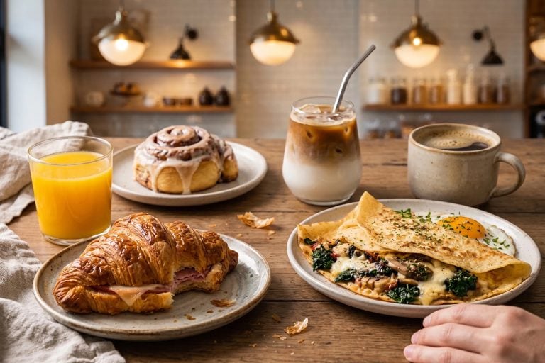 Assorted breakfast items including croissant, crepes, coffee, and juice at Smutz Girls Bakery.