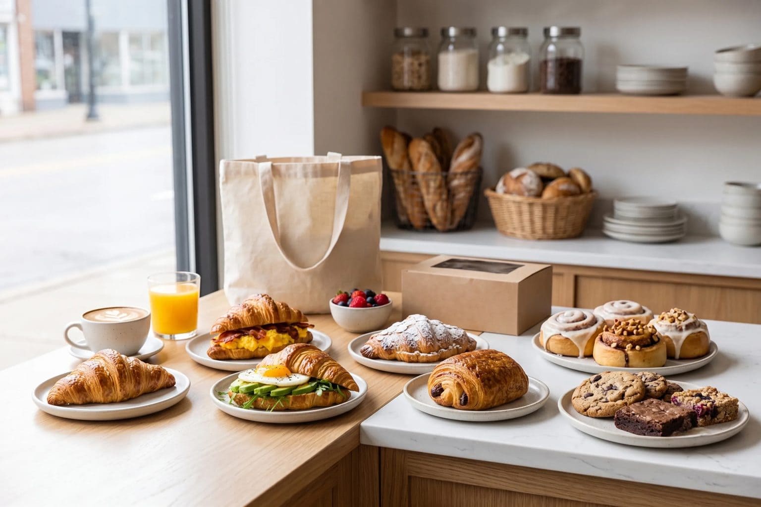 Freshly baked croissants, muffins, and breakfast sandwiches at Smutz Girls Bakery.