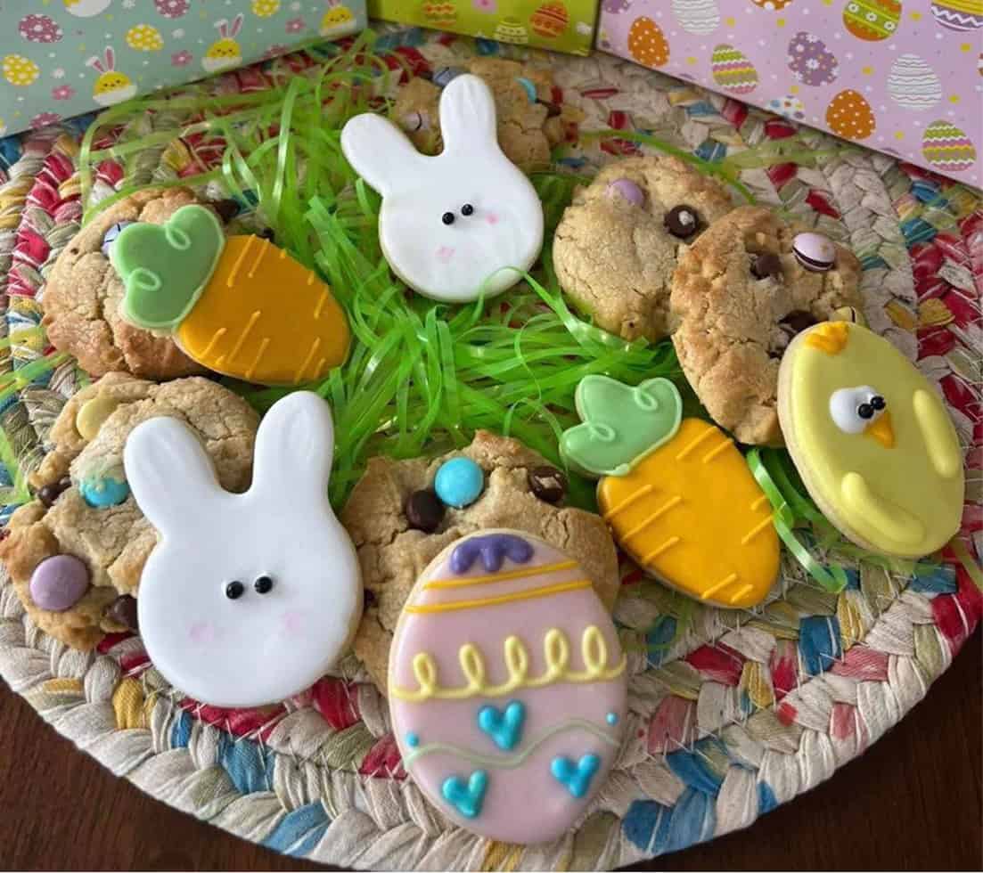 Decorative Easter cookies with bunny, chick, and egg shapes for celebrations.