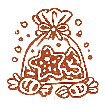 Illustration of a cookie bag with star and tree cookies and candies.