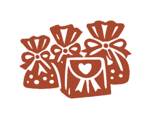 Decorative gift bags with bows and hearts for Smutz Girls Bakery.