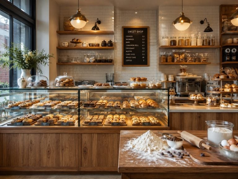Cozy bakery interior with baked goods and warm lighting.