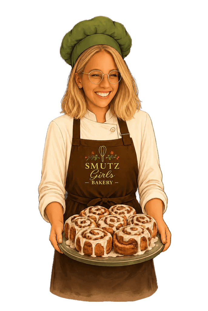 Smiling woman in bakery apron holding cinnamon rolls at Smutz Girls Bakery.