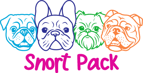 Colorful illustration of French Bulldogs with "Snort Pack" text.