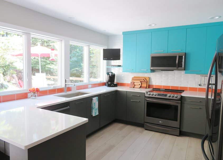 Contemporary kitchen with bright blue upper cabinets and dark lower cabinets.
