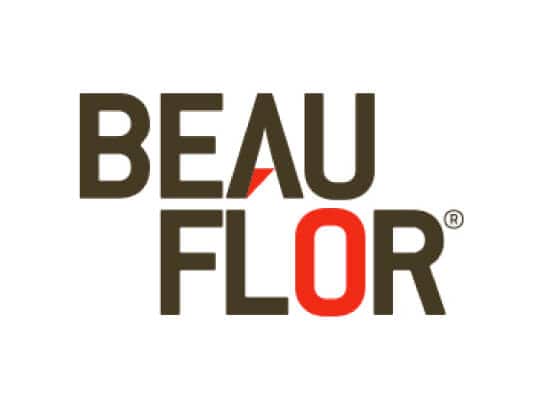 Beau Flor logo featuring bold black and red text for branding.