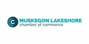 Muskegon Lakeshore Chamber of Commerce logo with blue and teal text.