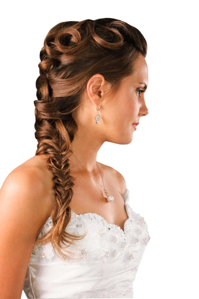 Elegant bridal hairstyle with intricate braids and curls for wedding day.