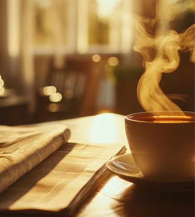 hot coffee next to a book