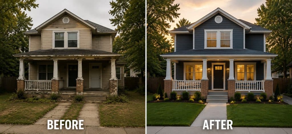 House renovation transformation showing before and after images.