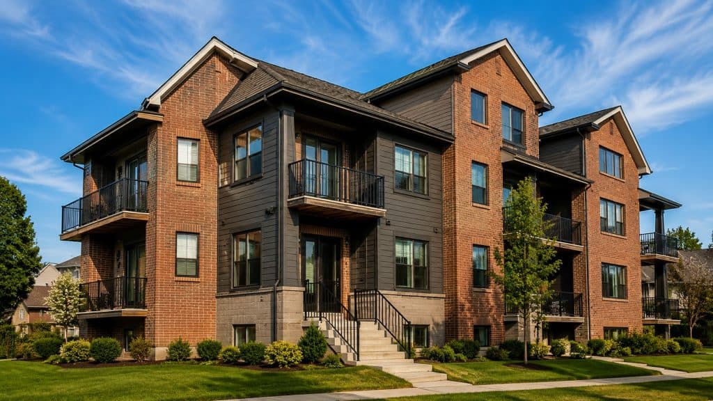 Contemporary brick apartment complex with balconies and landscaped yard.