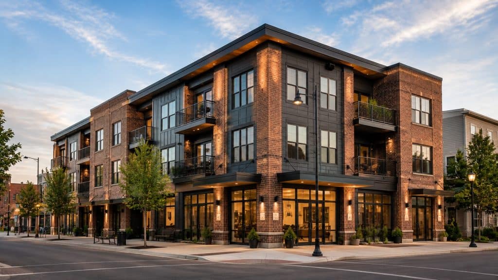 Contemporary brick apartment complex with large windows and balconies.