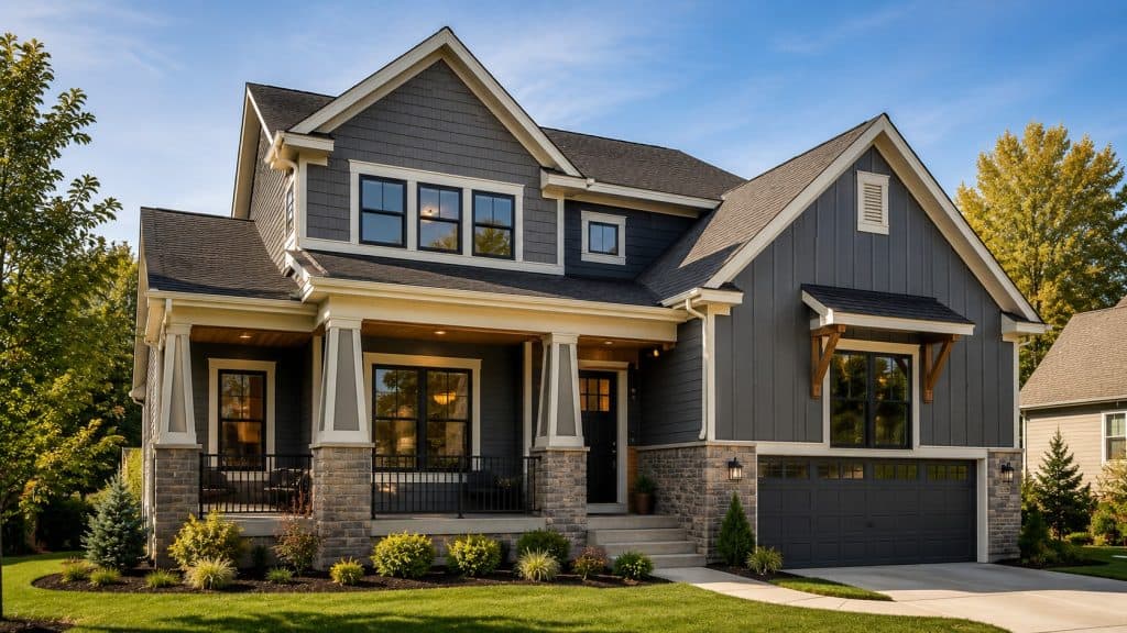 Beautiful modern family house with gray siding and large windows.