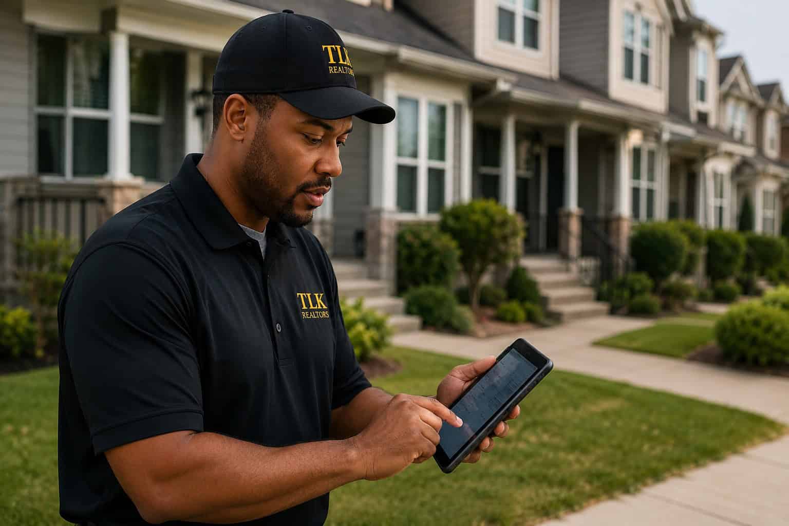 Real estate agent inspecting property using tablet in neighborhood.
