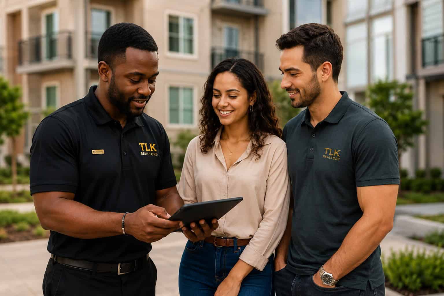 Real estate agents showing property details to clients outdoors.