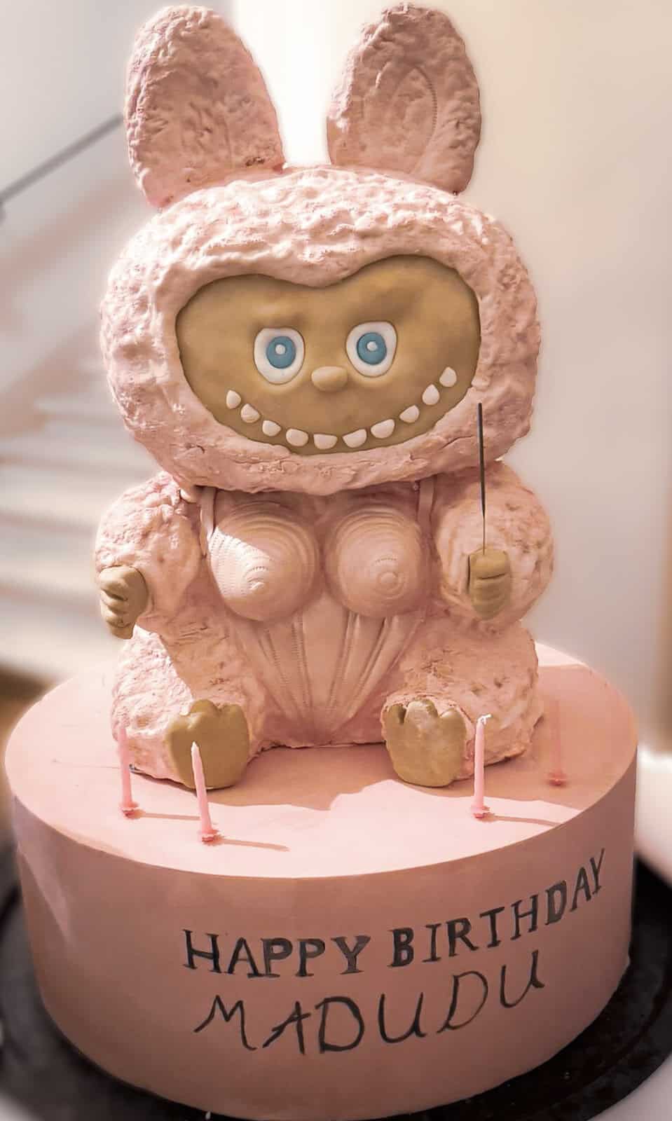 Birthday cake created for the artist Madonna featuring Labubu (“Madudu”) character, made by Tuscan Wedding Cakes in Italy.