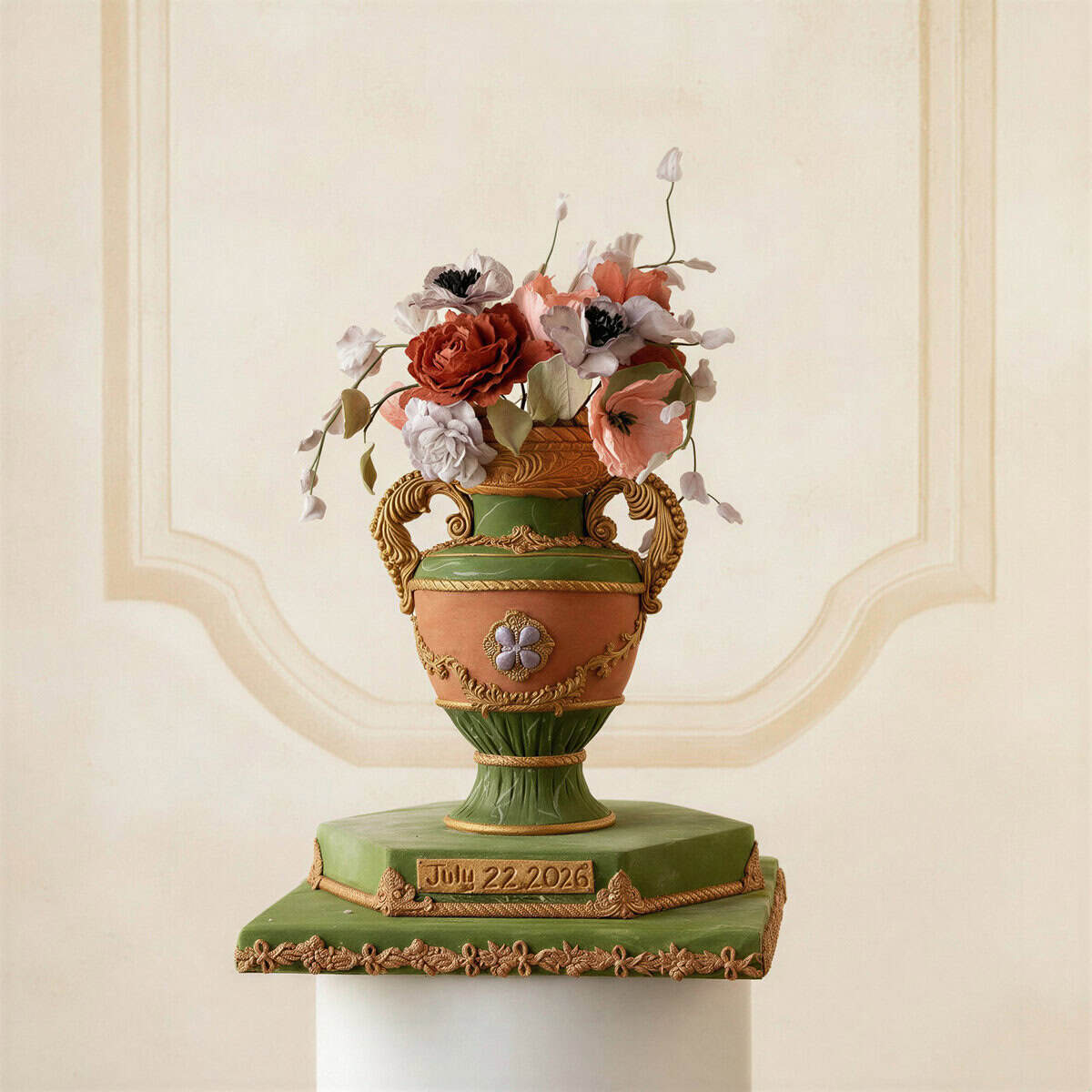 Renaissance-inspired vase wedding cake with purple, red and pink sugar flowers at Dimora Ghirlandio in Italy