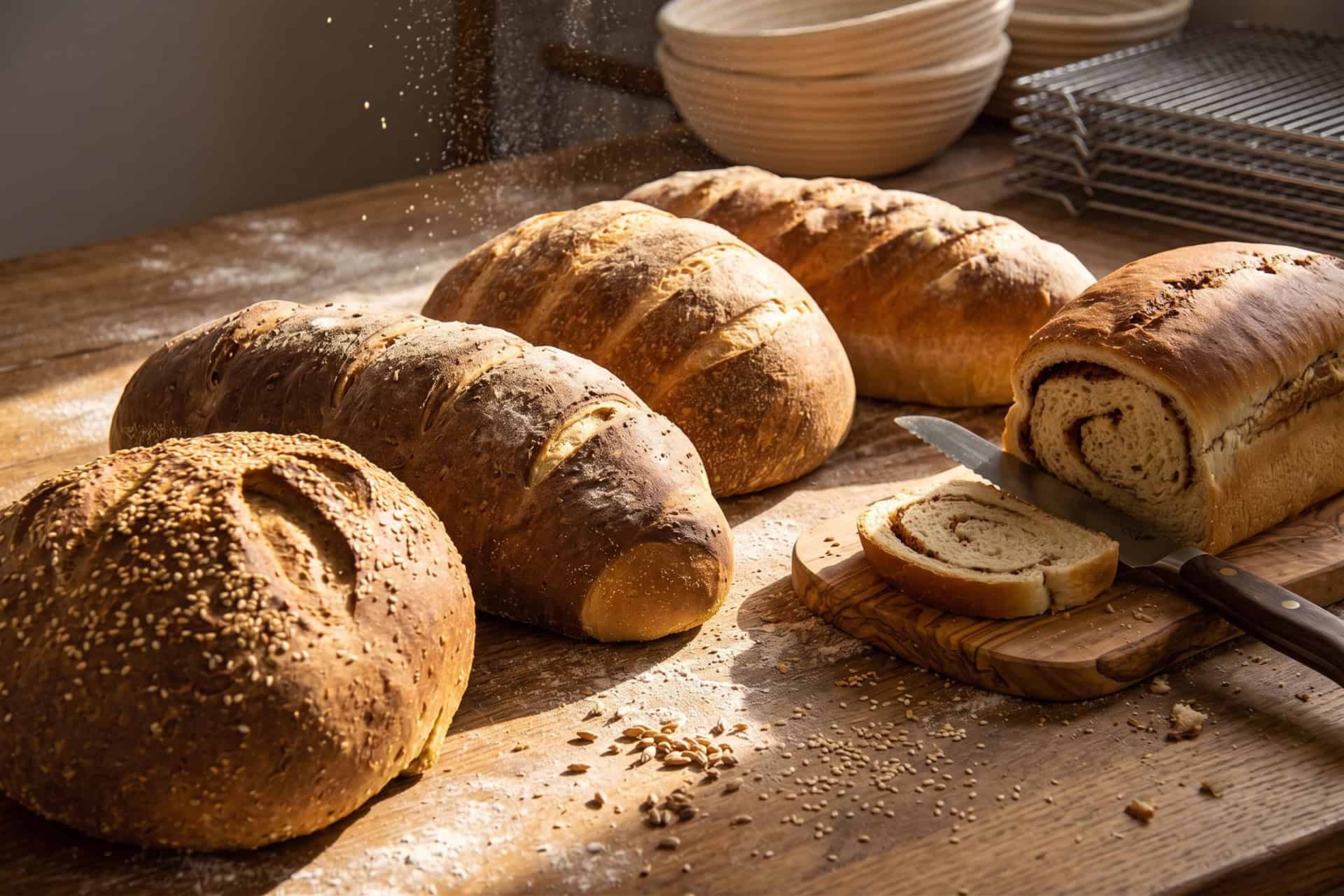 Assorted freshly baked bread loaves on a wooden table.
