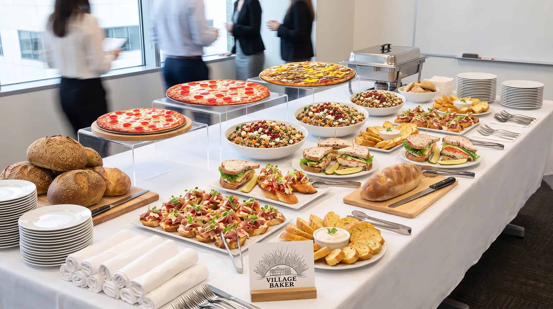 Catering table with pizzas, sandwiches, and baked goods for event.