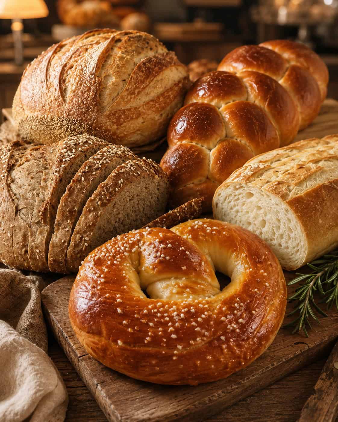 Assorted fresh baked bread including a bagel, baguette, and multigrain loaf.