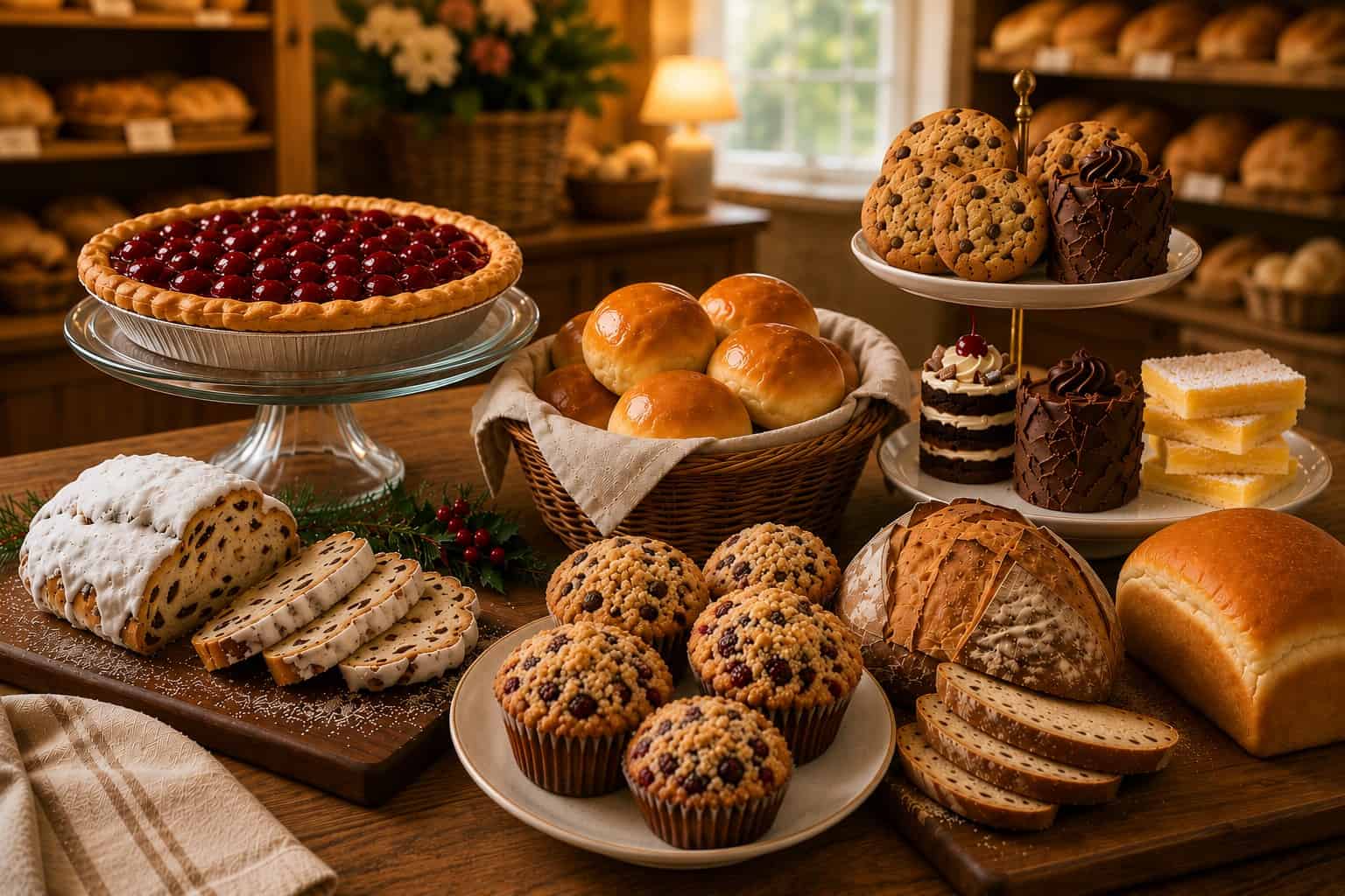 Assorted baked goods including muffins, bread, cookies, and pie at Village Baker.