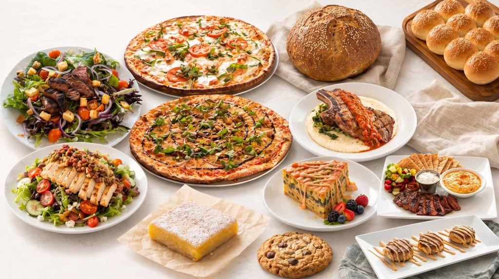 Assorted fresh food including pizza, bread, salad, and desserts for catering.