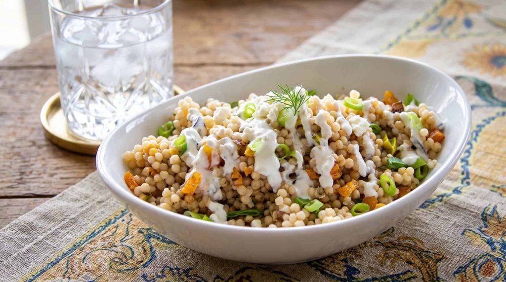 Fresh couscous salad with vegetables and herbs on a white dish.