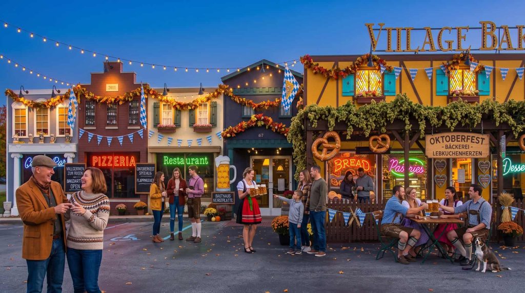 People enjoying Oktoberfest at Village Baker with festive decorations and food stalls.