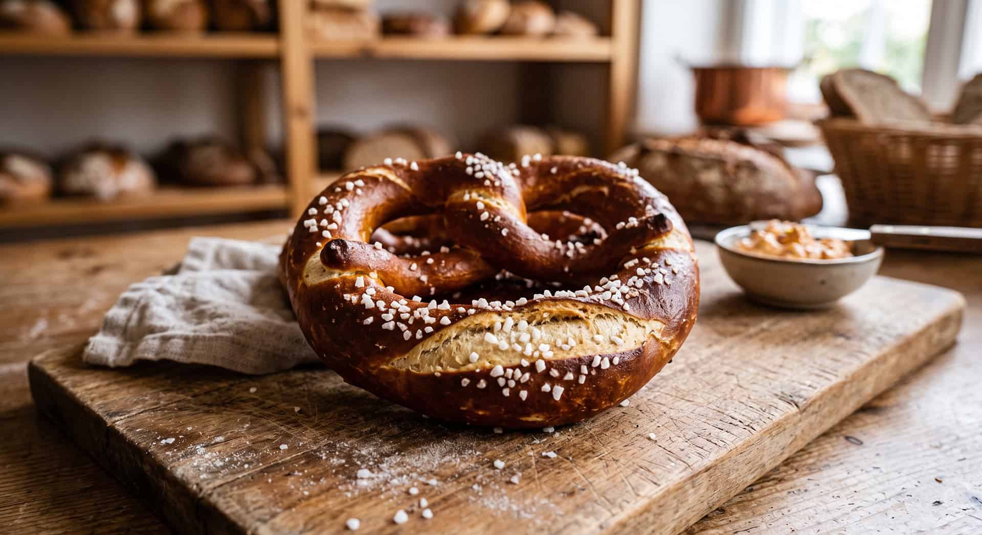 Close-up of a freshly baked pretzel with coarse salt on top.