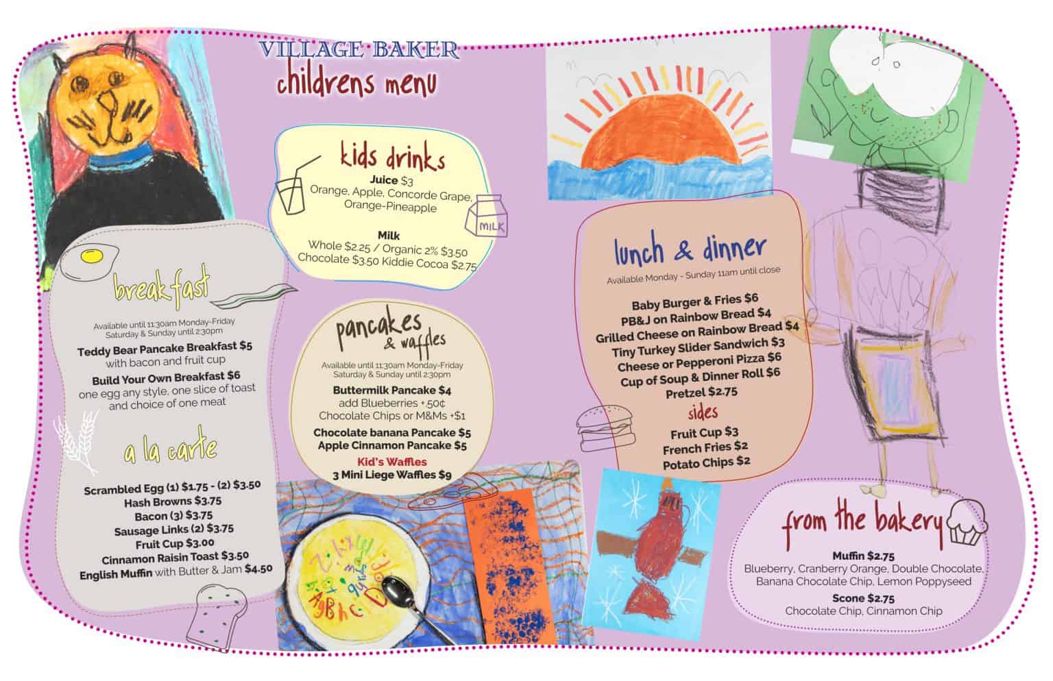 Colorful children's menu and breakfast items at Village Baker.