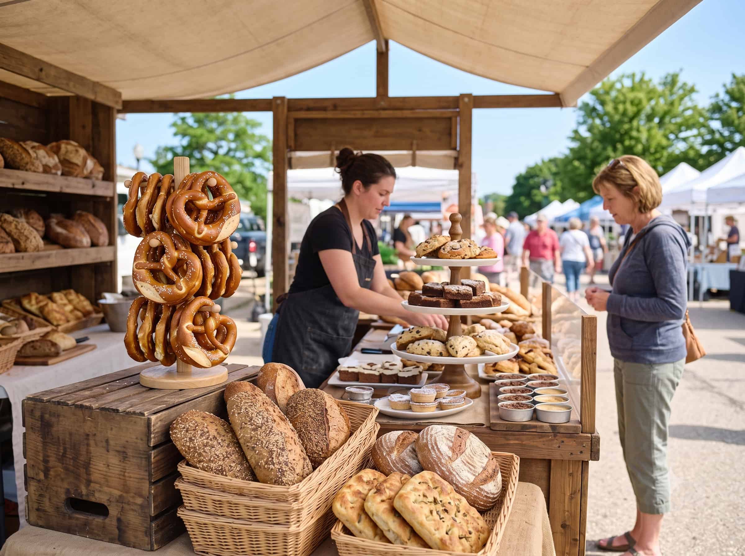 Vendor selling bread and baked goods at farmers market event.