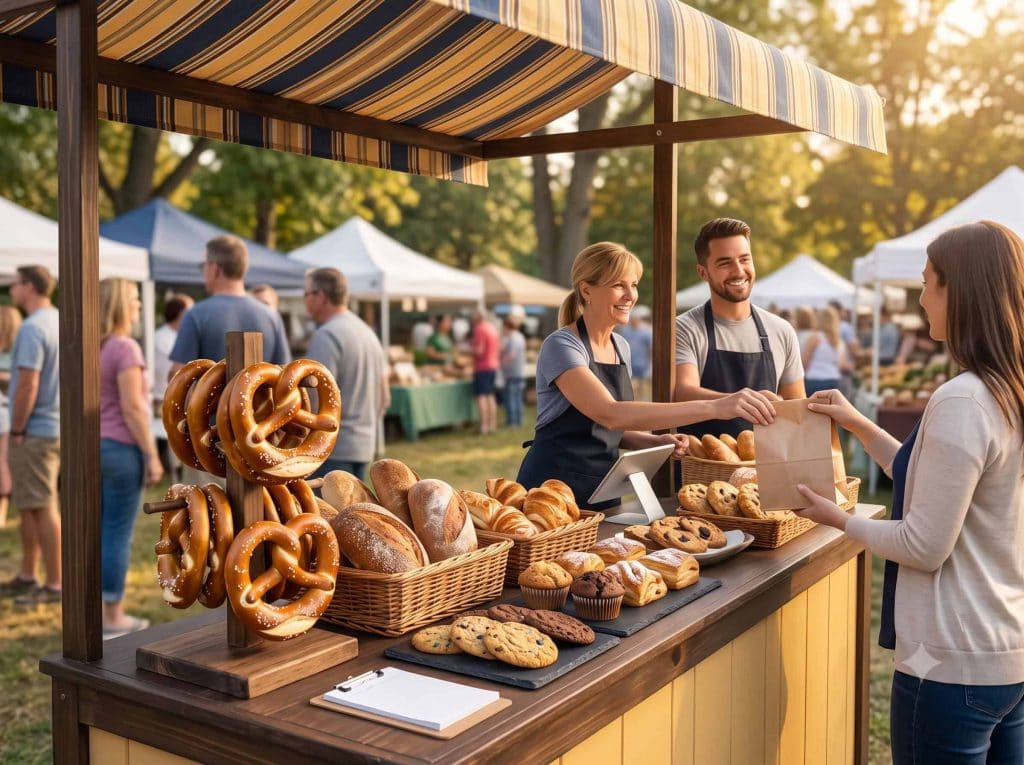 Bakery stall at farmers market with baked goods and vendors.