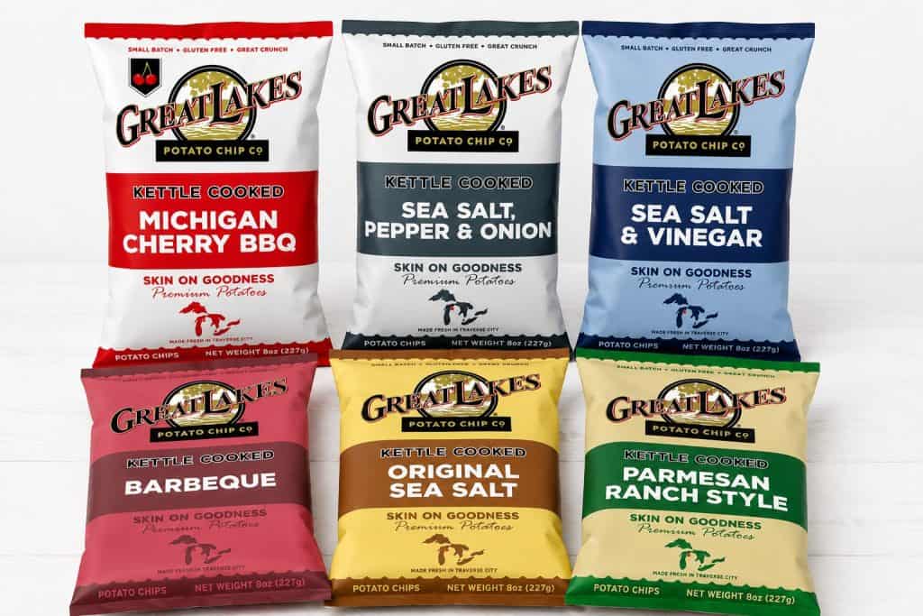 Variety of Village Baker kettle-cooked potato chips with different flavors.