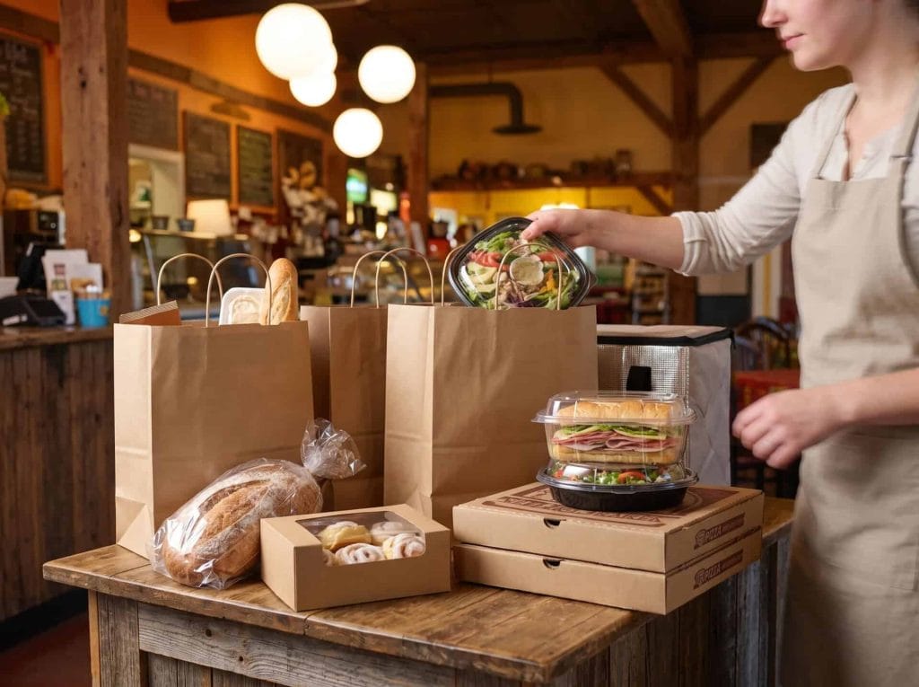 Customer preparing takeout food with paper bags and containers at a restaurant.