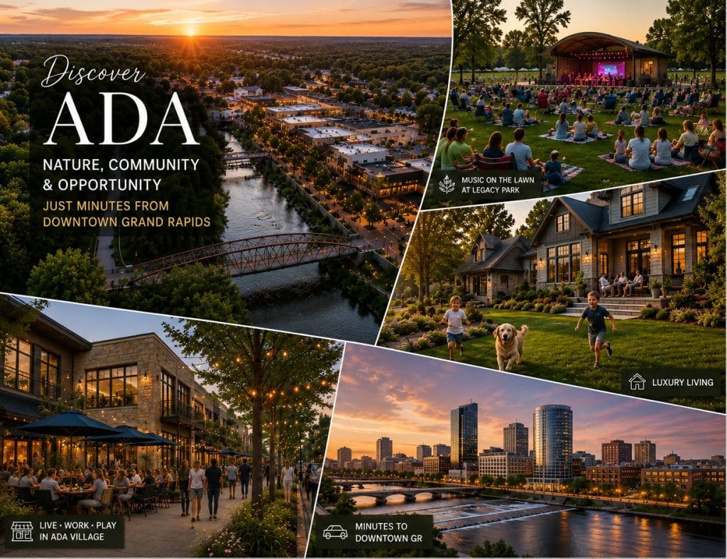 Scenic view of Ada with community events and cityscape at sunset.