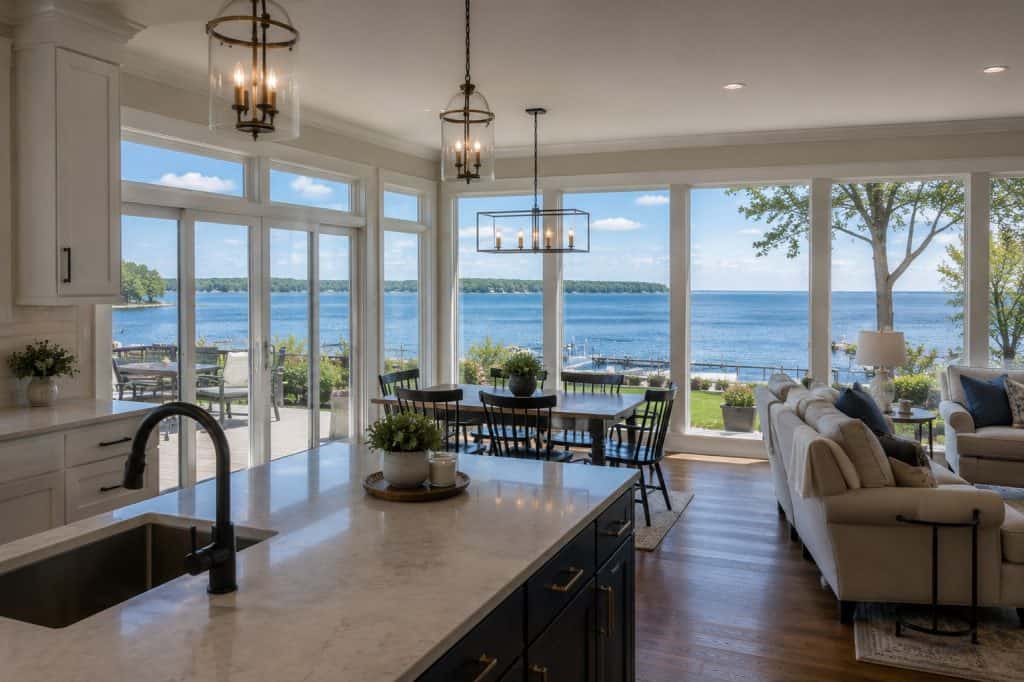 Spacious lakefront living room with large windows and scenic water views.
