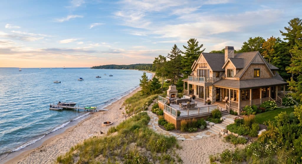 Oceanfront house with scenic beach and water views.