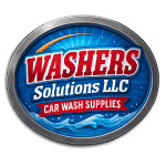 Logo of Washer Solutions LLC featuring a car wash theme with water and vibrant colors.