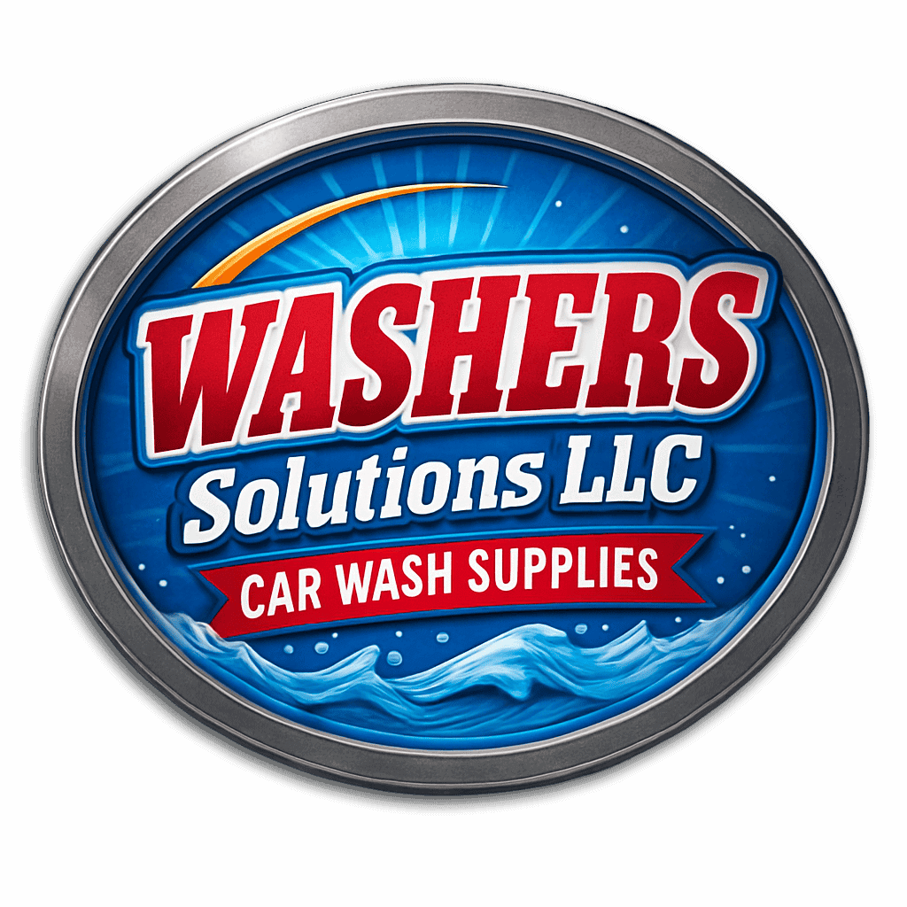 Logo of Washer Solutions LLC featuring a car wash theme with water and vibrant colors.