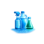 Assorted cleaning spray bottles and detergent containers for laundry and home cleaning.