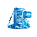 Modern laundry machine with cleaning supplies and detergent bottles.
