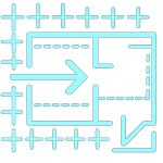 Diagram of car wash equipment layout with directional arrow.