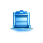 Digital illustration of a garage door with a glowing blue outline.