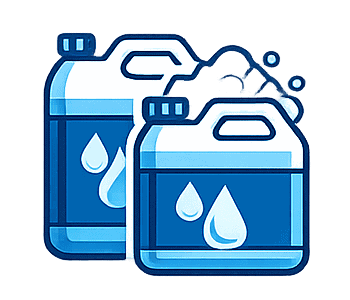 Two detergent bottles with water and soap bubbles for washing machine cleaning.