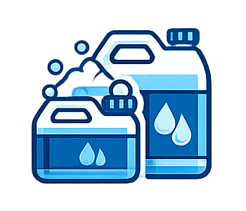 Two detergent bottles with bubbles, used for washing machines and laundry cleaning.