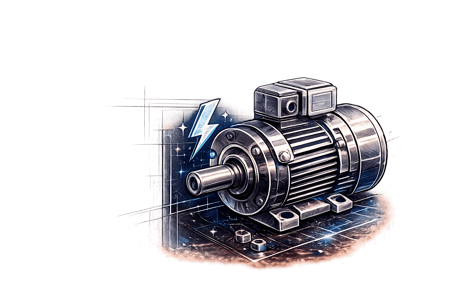 Electric motor for garage doors with lightning icon, industrial equipment.