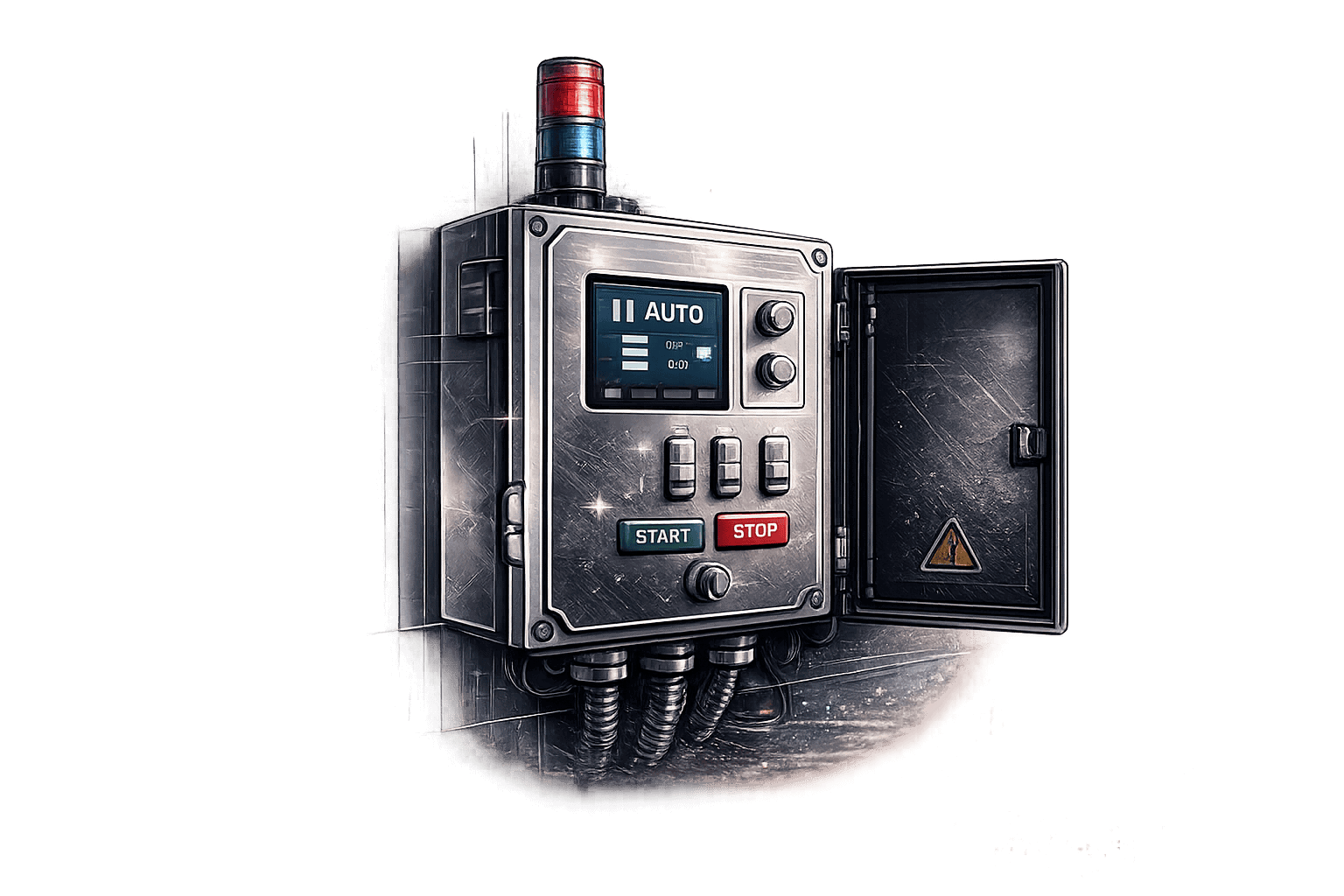 Industrial control panel with emergency light and digital display for garage door automation.