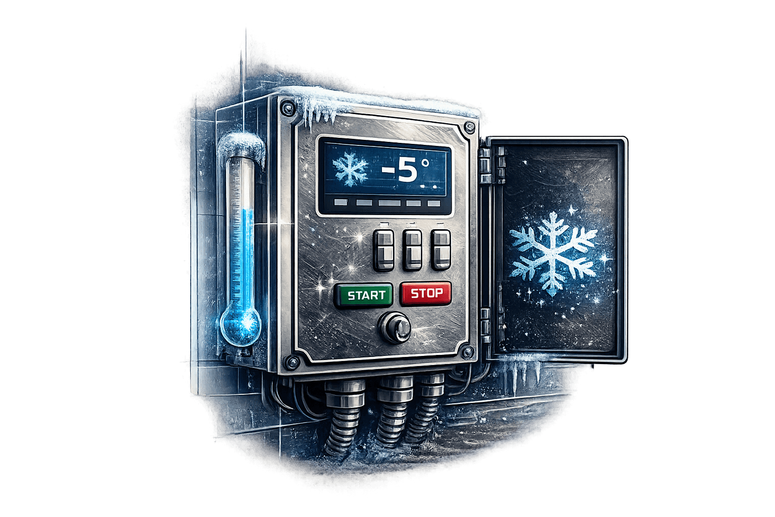 Cold storage temperature control panel with digital display and snowflake icon.