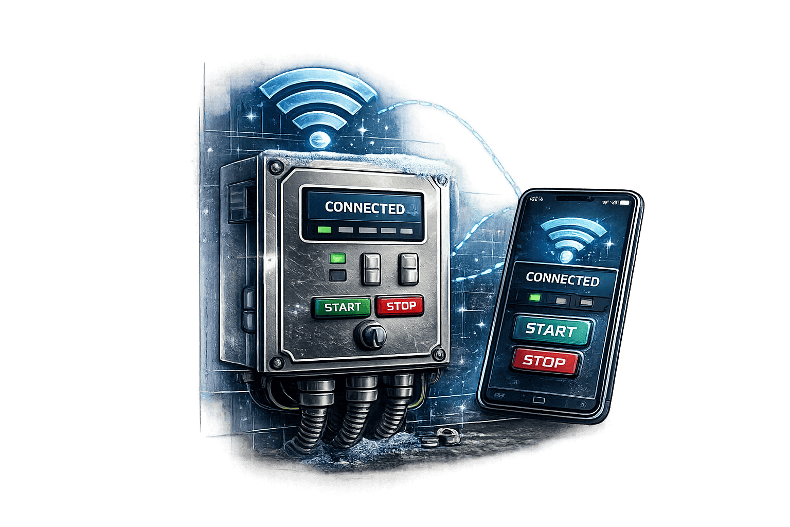 Wireless control panel and smartphone for roll-up door automation.